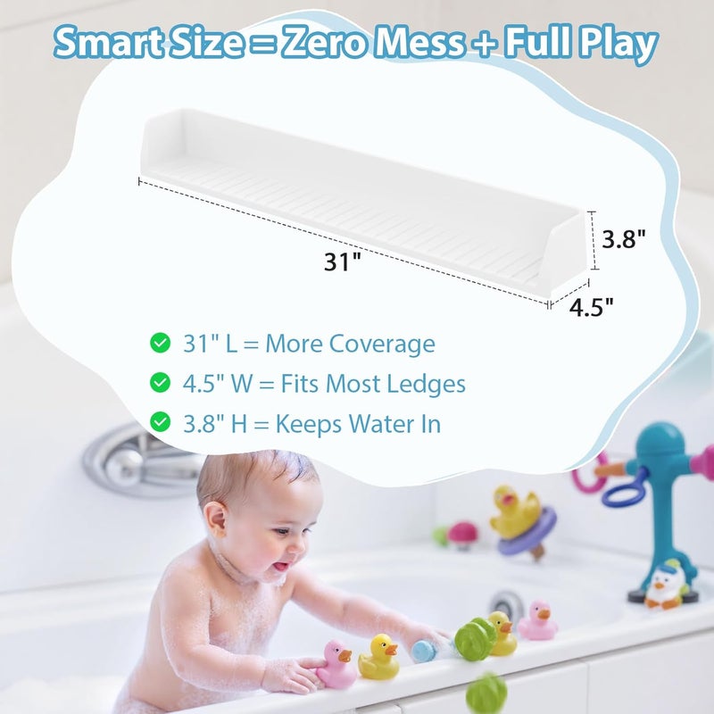 AyNirser Bathtub Splash Guard Play Shelf Over Tub 31” with Strong Suction Cups, Silicone Tub Water Guards Toy Tray Holder No Mess Water Spill in Bathroom-White - Image 3