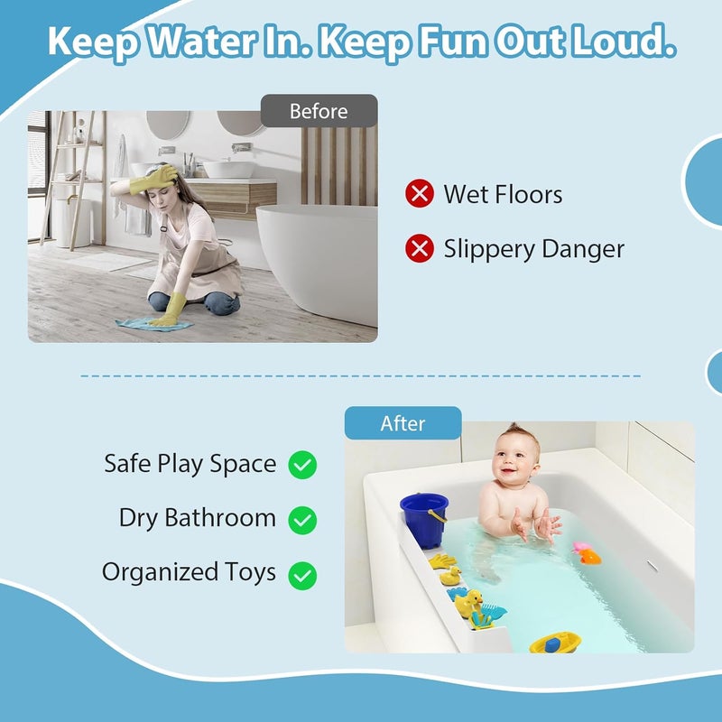 AyNirser Bathtub Splash Guard Play Shelf Over Tub 31” with Strong Suction Cups, Silicone Tub Water Guards Toy Tray Holder No Mess Water Spill in Bathroom-White - Image 2