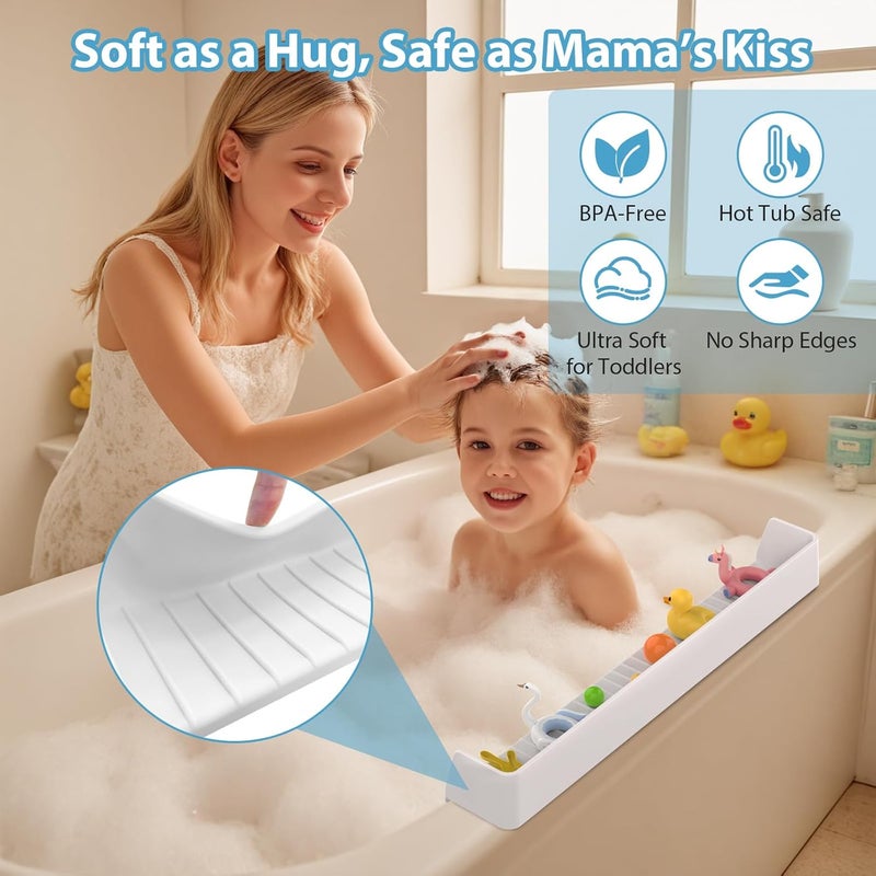 AyNirser Bathtub Splash Guard Play Shelf Over Tub 31” with Strong Suction Cups, Silicone Tub Water Guards Toy Tray Holder No Mess Water Spill in Bathroom-White - Image 5