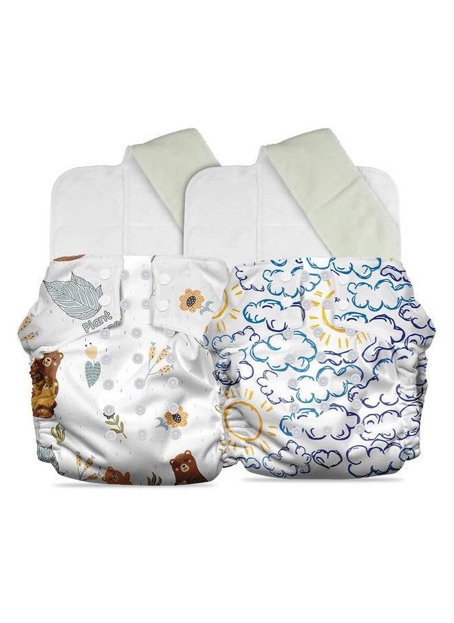 Mother Sparsh Plant Powered Cloth Diaper For Babies Free Size ; Medical Grade Fabric With 100% Organic Cotton ; Reusable 13 Layer Breathable Soaker With Built In Booster Pad ; Pack Of 2 (B.Hug&H.Cloudy)  - Image 1