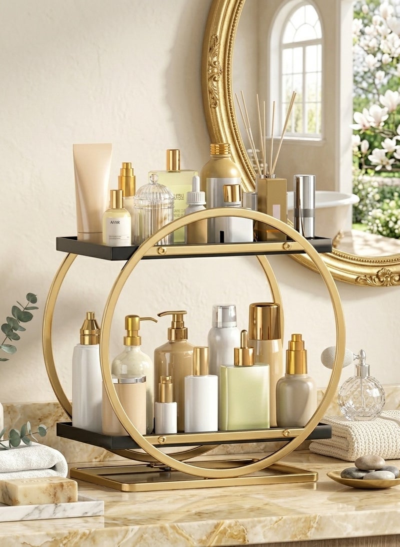 شو وو منظم للعناية بالبشرة، منظم للمكياج، منظم مستحضرات تجميل، منظم عطور، منظم للخزانة، منظم سطح الطاولة، طبقتين، أسود، منظم للعناية بالبشرة، منظم مستحضرات تجميل معدني، 22.5*15*11.4 سم - Image 1