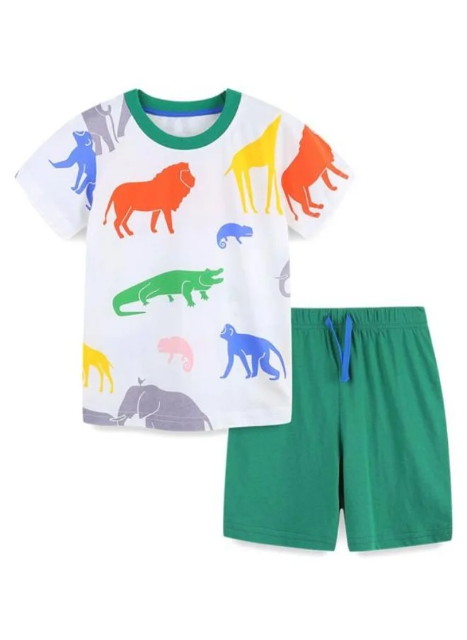 يونيكي White Crew Neck Short Sleeve Printed Tshirt & Shorts