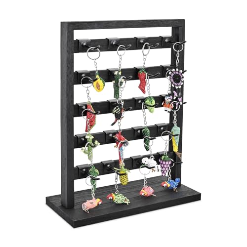 Ikee Design Wooden Jewelry Display Rack with 20 Removable Metal HooksEarring Card Display StandJewelry OrganizerEarring Bracelet Organizer Keychain Stand Black Color - Image 1