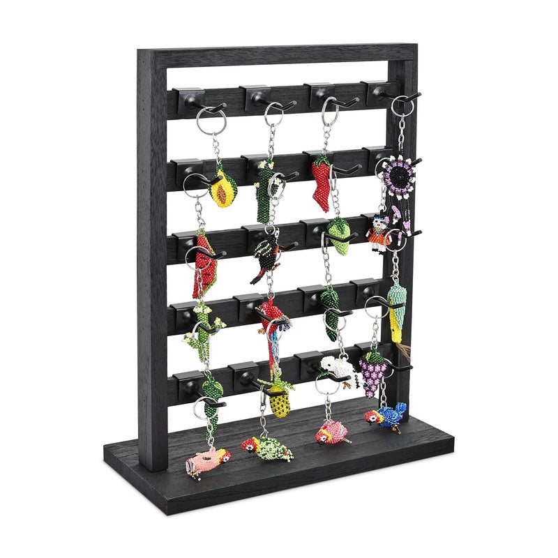 Ikee Design Wooden Jewelry Display Rack with 20 Removable Metal HooksEarring Card Display StandJewelry OrganizerEarring Bracelet Organizer Keychain Stand Black Color - Image 2