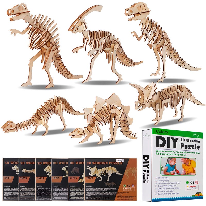 calary 3D Wooden Puzzle Simulation Animal Dinosaur Assembly DIY Model Toy for Kids and Adults,Set of 6 - Image 1