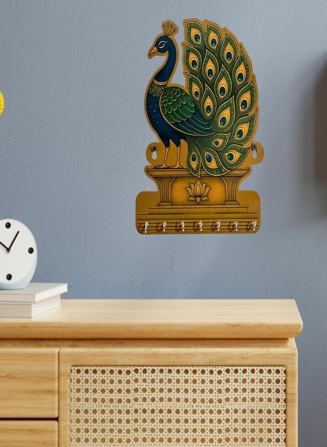 WALL MAGIX Wooden Peacock Key Holder for Wall | Handcrafted Peacock Design Key Hanger with 6 Hooks | Decorative Wall Mounted Organizer for Home Decoration Items for Living Room & Entrance Decor - Image 3