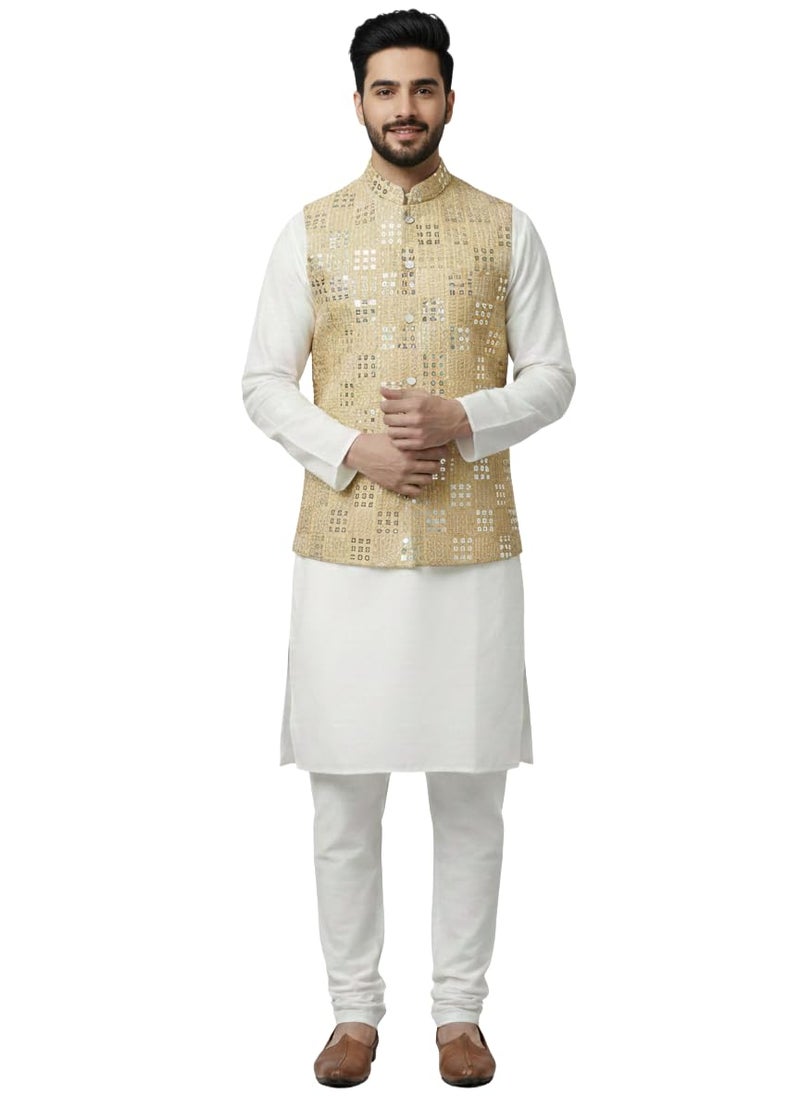 ashtang Men’s Festive Cotton Blend Kurta Pajama Set with Multi-Color Printed Nehru Jacket (Koti) | Traditional Ethnic Wear for Weddings, Festivals & Parties (White Golden, L (40)) - Image 3