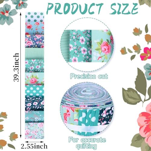 Bolsome 50 Pcs Green Blue Floral Jelly Fabric Strips Roll for Quilting Crafting Spring Summer Flower Precut Patchwork for Sewing DIY Crafts 2.55 Inch Polyester-Cotton Fabric Bundles - Image 2