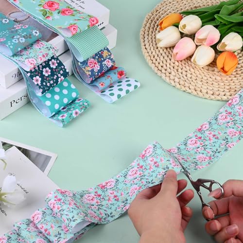 Bolsome 50 Pcs Green Blue Floral Jelly Fabric Strips Roll for Quilting Crafting Spring Summer Flower Precut Patchwork for Sewing DIY Crafts 2.55 Inch Polyester-Cotton Fabric Bundles - Image 5