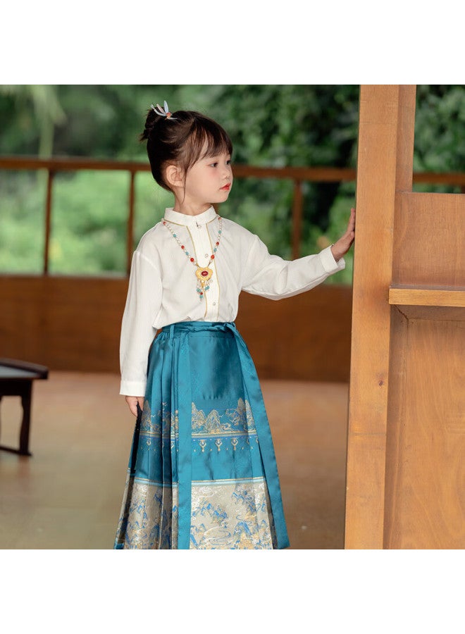 Cute Menghu Jiangshan Boys And Girls Hanfu Spring And Autumn Tang Suit Chinese Style Horse-face Skirt, Plain Dye Stand-up Collar Top, 110 - Image 1