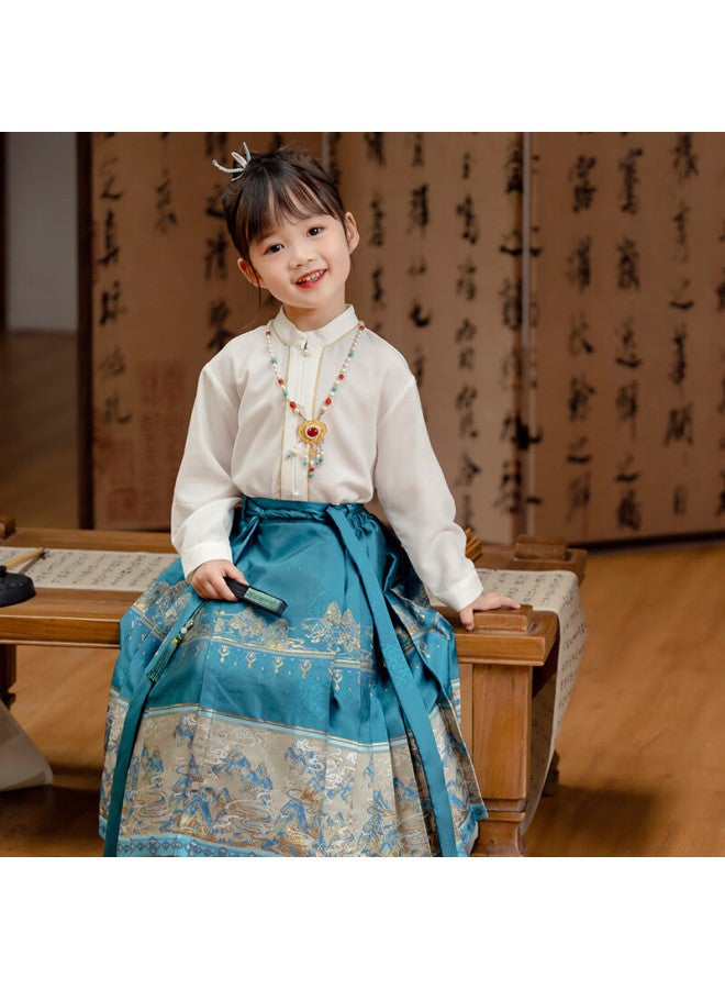 Cute Menghu Jiangshan Boys And Girls Hanfu Spring And Autumn Tang Suit Chinese Style Horse-face Skirt, Plain Dye Stand-up Collar Top, 110 - Image 2