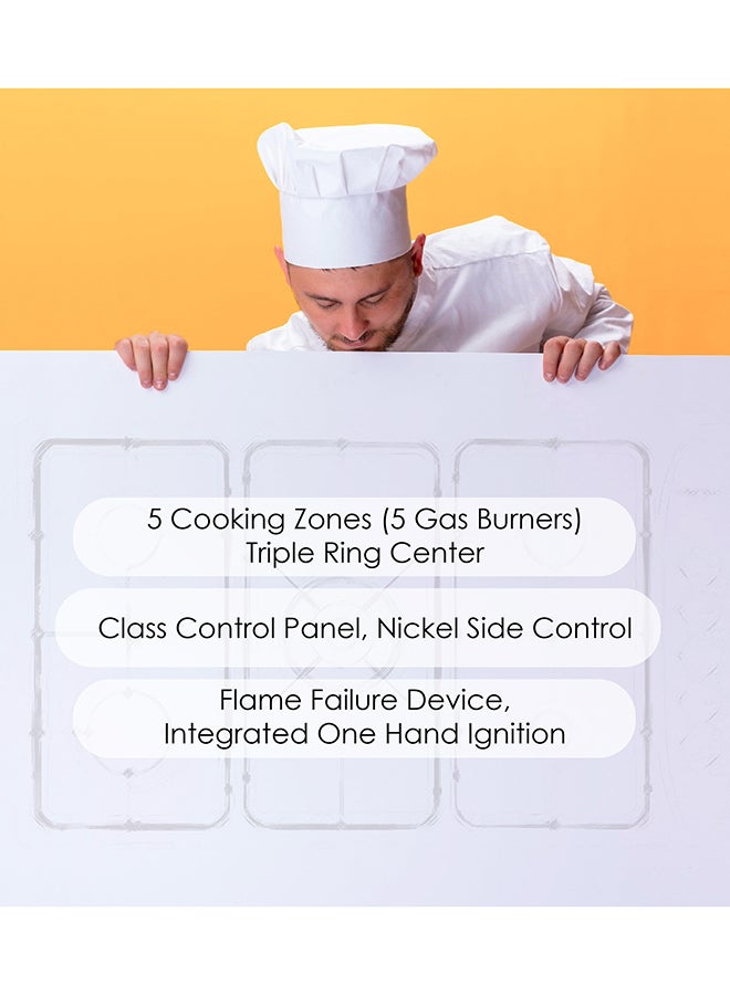 بومباني موقد غاز من الفولاذ المقاوم للصدأ 90 سم 5 شعلات - إشعال تلقائي، ميزات أمان، تصميم أنيق مع شبكات من الحديد الزهر، لوحة تحكم فئة، وجهاز فشل اللهب لمزيد من الأمان - ضمان كامل لمدة عام - Image 2