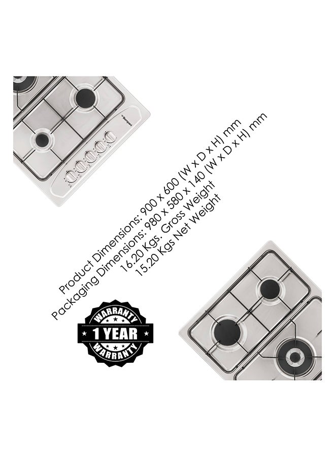 بومباني موقد غاز من الفولاذ المقاوم للصدأ 90 سم 5 شعلات - إشعال تلقائي، ميزات أمان، تصميم أنيق مع شبكات من الحديد الزهر، لوحة تحكم فئة، وجهاز فشل اللهب لمزيد من الأمان - ضمان كامل لمدة عام - Image 4