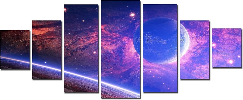 Startonight Huge Canvas Wall Art - Galaxy Blue Planet On A Pink Background - USA Large Home Decor - Dual View Surprise Artwork Modern Framed Wall Art Set of 7 Panels Total 100 x 240 cm - Image 3