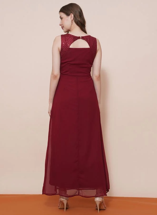 globus Women Maroon V-Neck Sequined Maxi Dress