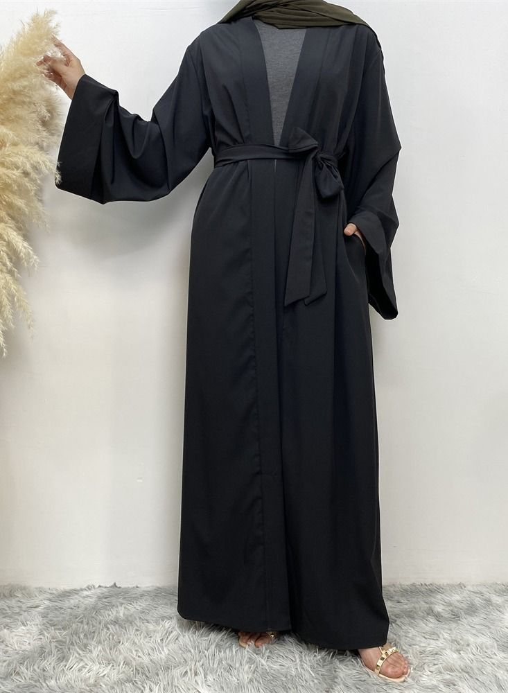 Loquat Pure Color Simple Cardigan Gown Abaya Black - Image 2
