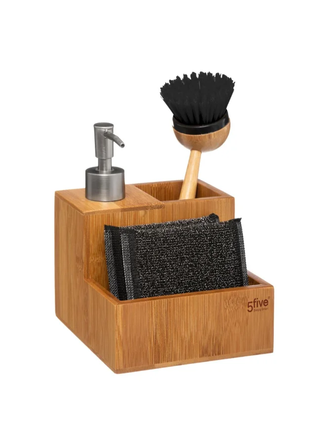 Five Simply Smart Bamboo Soap Dispenser with Brush and Sponge Multicolour 17 x 11.2 x 12 cm 167770