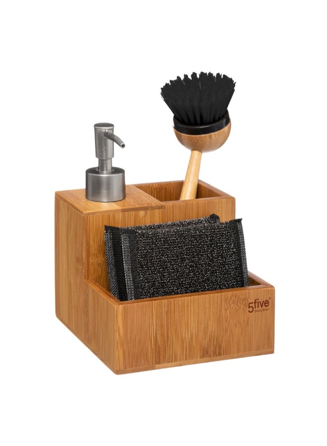 Five Simply Smart Bamboo Soap Dispenser with Brush and Sponge Multicolour 17 x 11.2 x 12 cm 167770 - Image 1