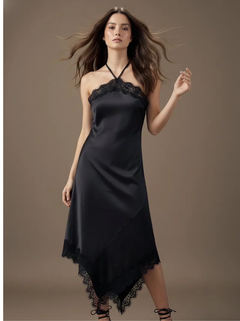 أوجيدر Black Satin Midi Dress With Assymetric Hemline & Eyelash Lace Detail