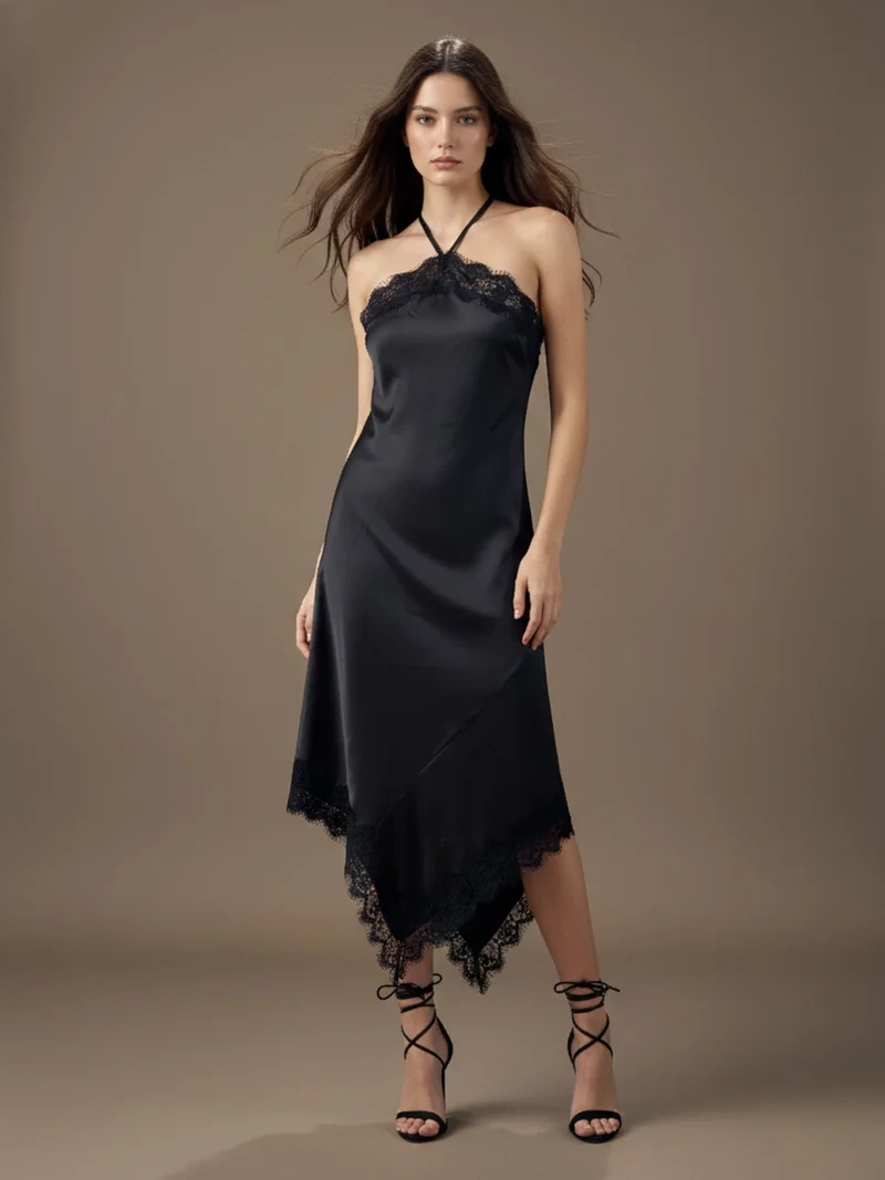 أوجيدر Black Satin Midi Dress With Assymetric Hemline & Eyelash Lace Detail