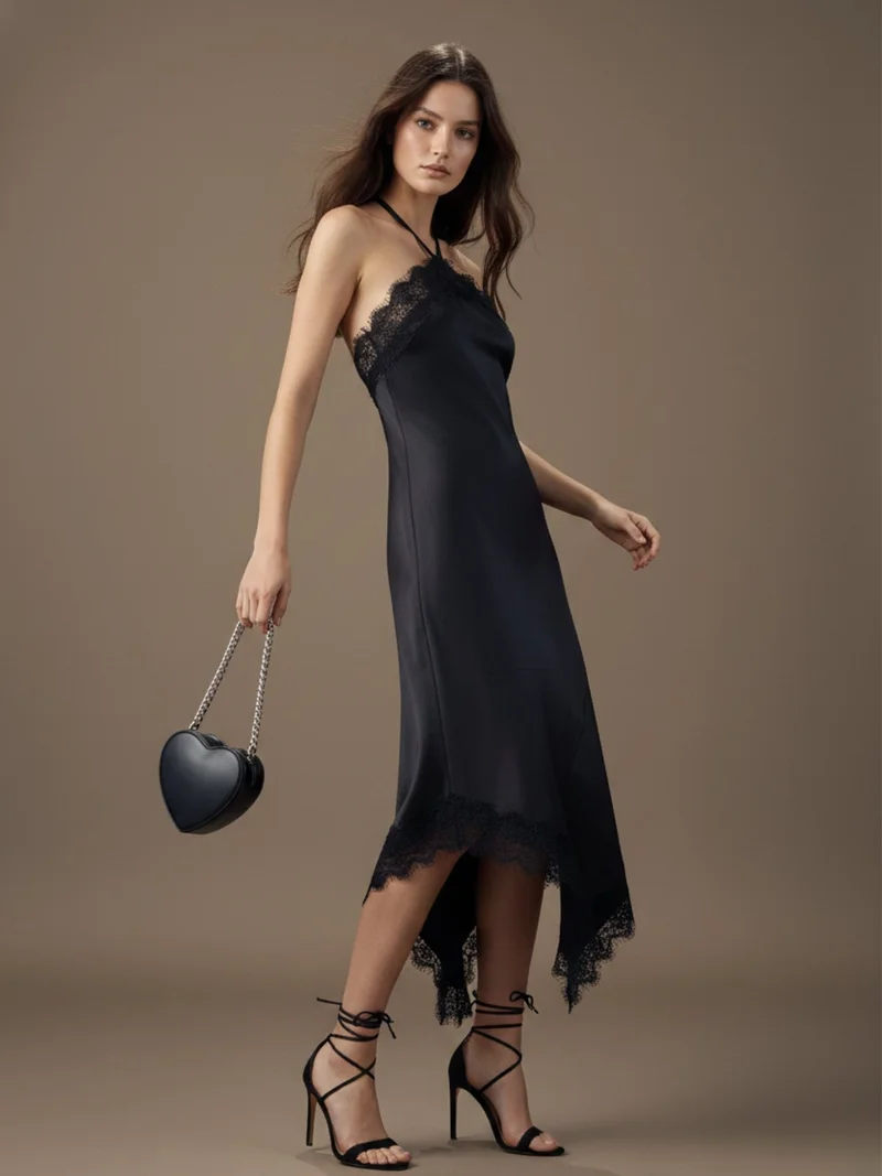 Outzidr  Black Satin Midi Dress With Assymetric Hemline & Eyelash Lace Detail for Women | Best Price UAE
