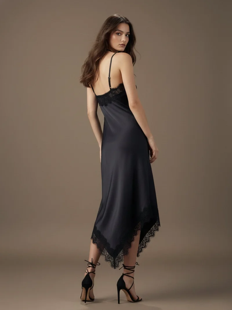 Outzidr  Black Satin Midi Dress With Assymetric Hemline & Eyelash Lace Detail for Women | Best Price UAE