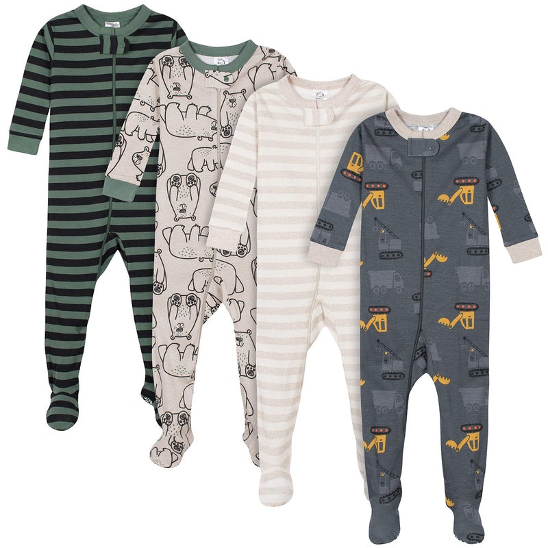 Gerber Baby Boys 4-Pack Footed Pajamas, Bears & Trucks Grey, 12 Months - Image 1