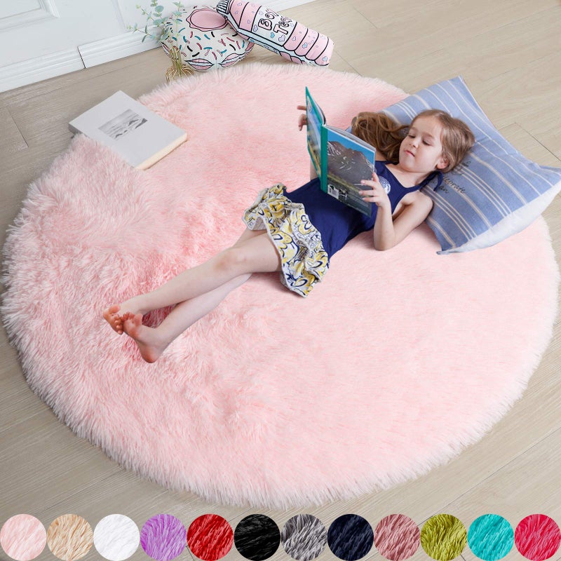 Pink Fluffy Round Rug 5Ft for Girls Bedroom Decor Aesthetic Shaggy Circle Area Rugs for Kids Room Living Room Cute Fuzzy Carpet for Nursery Dorm Classroom Teen Princess Comfy Baby Playroom Rug