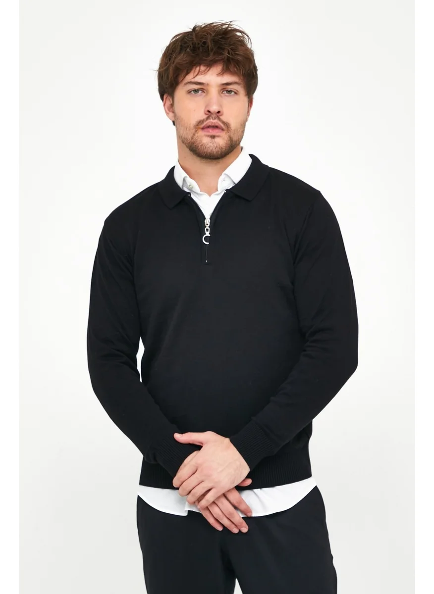 MRS Clothing Men's Black Standard Fit Slim Fit Zippered Polo Neck Wool Knitwear Sweater