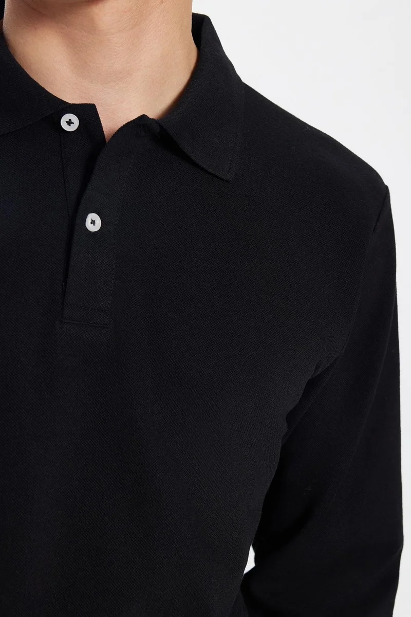 تودورس Men's Standard Fit Relaxed Cut Cotton Soft Texture Plain Pique Long Sleeve Black Polo Neck T-Shirt