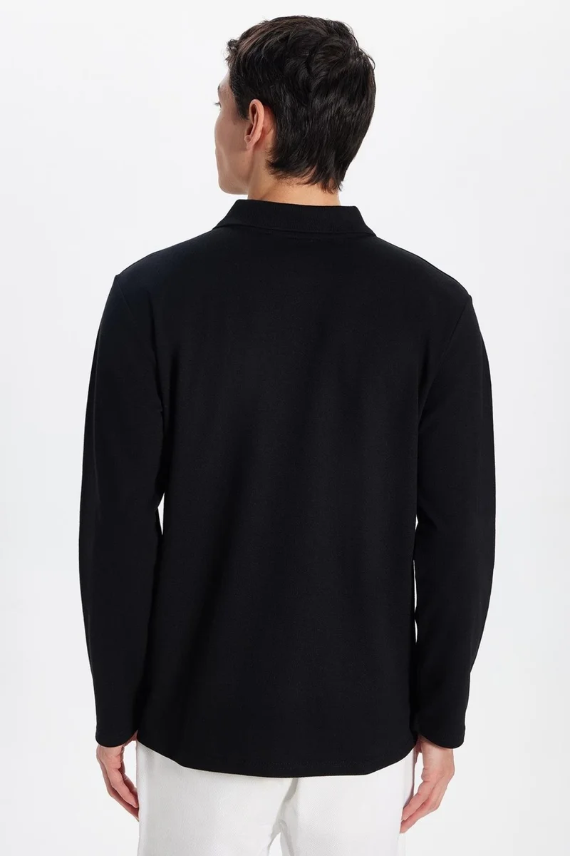 تودورس Men's Standard Fit Relaxed Cut Cotton Soft Texture Plain Pique Long Sleeve Black Polo Neck T-Shirt