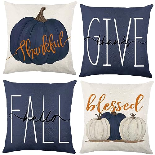 Vellibring Fall Pillow Covers 18 x 18 Inch Blue Pumpkins Throw Pillow Covers for Farmhouse Autumn Cushion Covers Thanksgiving Pillow Case for Indoor Home Bedroom Sofa Decor - Image 1