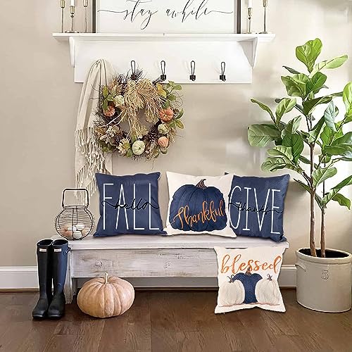 Vellibring Fall Pillow Covers 18 x 18 Inch Blue Pumpkins Throw Pillow Covers for Farmhouse Autumn Cushion Covers Thanksgiving Pillow Case for Indoor Home Bedroom Sofa Decor - Image 5