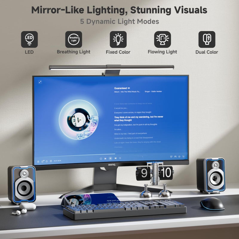 SOULION سماعات كمبيوتر SOULION 2.0، سماعة PC سلكية تعمل بالطاقة USB بقوة 10 واط مع وحدة تحكم سهلة الاستخدام لسطح المكتب، شريط صوت صغير مع 5 أوضاع إضاءة LED تشبه المرآة للألعاب والموسيقى على اللابتوب باللون الأسود - Image 2
