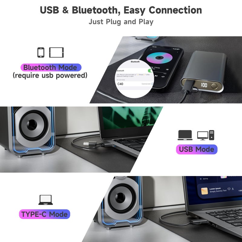 SOULION سماعات كمبيوتر SOULION 2.0، سماعة PC سلكية تعمل بالطاقة USB بقوة 10 واط مع وحدة تحكم سهلة الاستخدام لسطح المكتب، شريط صوت صغير مع 5 أوضاع إضاءة LED تشبه المرآة للألعاب والموسيقى على اللابتوب باللون الأسود - Image 3