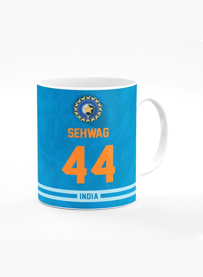 Stylizedd Designer Printed Coffee Mug with Heavy Duty Handle 11oz Ceramic Personalised Gift Mugs Cup - Cricket Player - Virender Sehwag, Jersey Number - 44 (With Logo) - Image 1