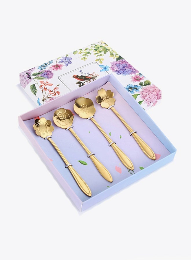 Stainless Steel Spoons Set, 4 Creative Long Spoons, Stainless Steel Cherry Blossom Spoon, Flower Coffee Spoon, Golden Flower Spoon - Image 2