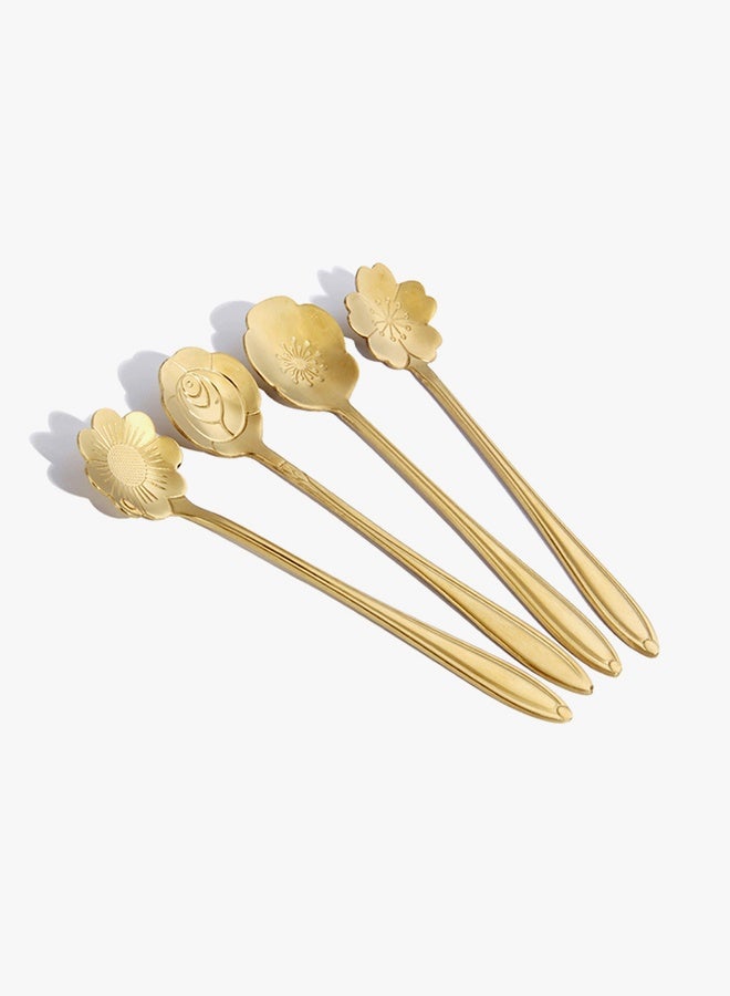 Stainless Steel Spoons Set, 4 Creative Long Spoons, Stainless Steel Cherry Blossom Spoon, Flower Coffee Spoon, Golden Flower Spoon - Image 3
