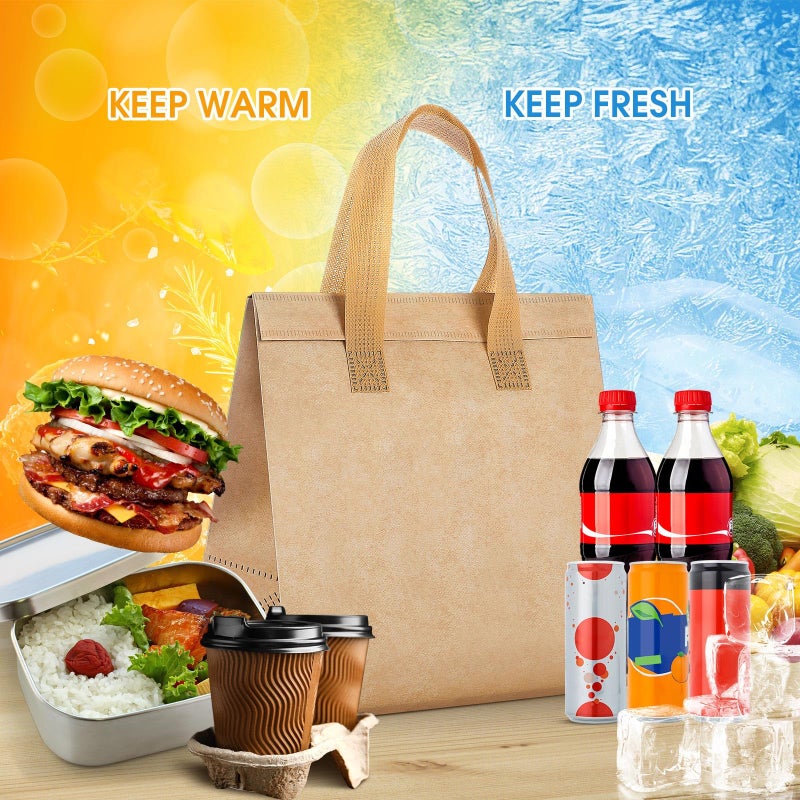 Kacctyen 100 Pcs Insulated Take Out Bags Bulk 9.5 x 6 x 9.5 in Thermal Insulation Food Bag for Coffee, Milk Tea, Hot Cold Food, Delivery Cooler Bag for Catering Restaurant Grocery Picnic (Kraft Color) - Image 5