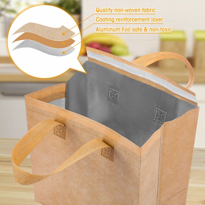 Kacctyen 100 Pcs Insulated Take Out Bags Bulk 9.5 x 6 x 9.5 in Thermal Insulation Food Bag for Coffee, Milk Tea, Hot Cold Food, Delivery Cooler Bag for Catering Restaurant Grocery Picnic (Kraft Color) - Image 4