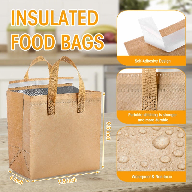 Kacctyen 100 Pcs Insulated Take Out Bags Bulk 9.5 x 6 x 9.5 in Thermal Insulation Food Bag for Coffee, Milk Tea, Hot Cold Food, Delivery Cooler Bag for Catering Restaurant Grocery Picnic (Kraft Color) - Image 2