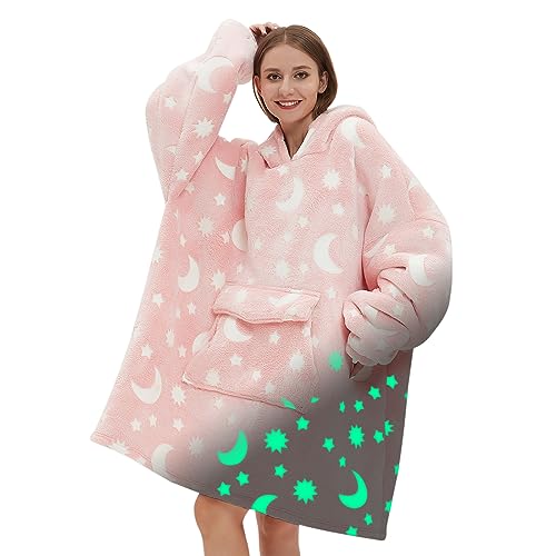 Fiosnow Glow in the Dark Star and Moon Blanket Hoodies for Women and Men Adult Fleece Sherpa Oversize Wearable Blanket Hoodies for Soft and Warm