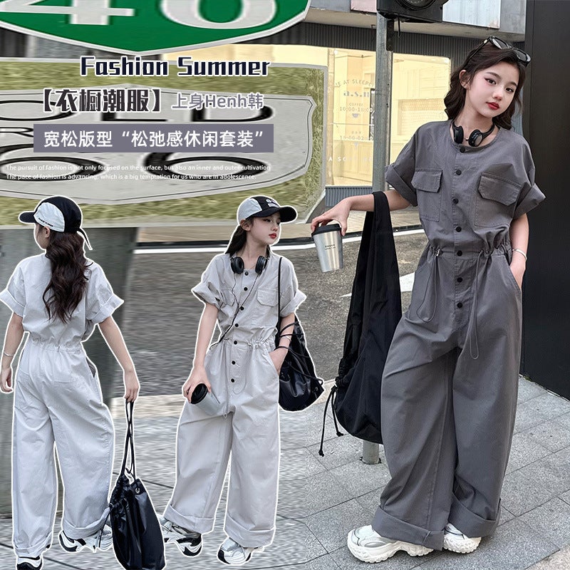 Girls' Cotton Jumpsuit 2025 Big Kids Cargo Jumpsuit Thin Loose Drawstring Waist Wide-Leg - Image 4