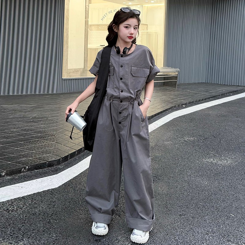 Girls' Cotton Jumpsuit 2025 Big Kids Cargo Jumpsuit Thin Loose Drawstring Waist Wide-Leg - Image 3