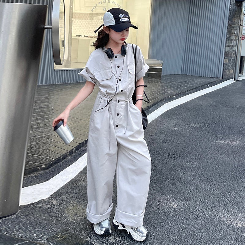 Girls' Cotton Jumpsuit 2025 Big Kids Cargo Jumpsuit Thin Loose Drawstring Waist Wide-Leg - Image 2