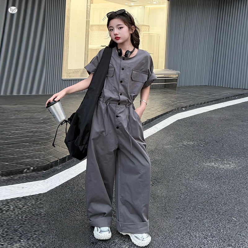 Girls' Cotton Jumpsuit 2025 Big Kids Cargo Jumpsuit Thin Loose Drawstring Waist Wide-Leg - Image 5