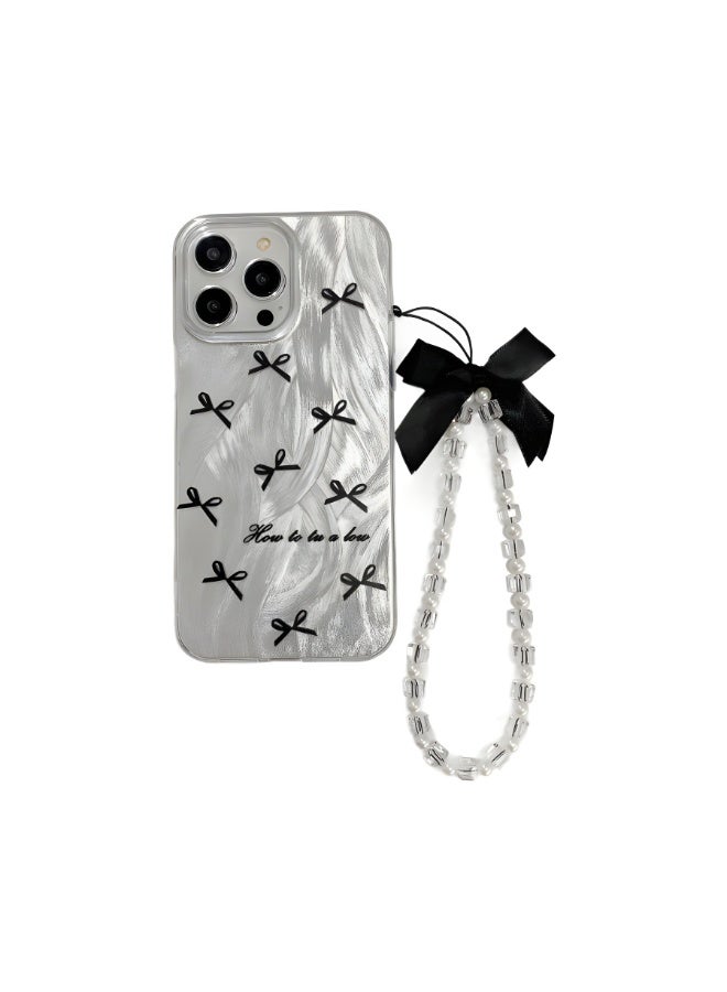 NIBEMINENT Bow Protective TPU Case Cover For iPhone 16 Pro Max, Black Bow With Black Butterfly Pearl Knot Bracelet - Image 1