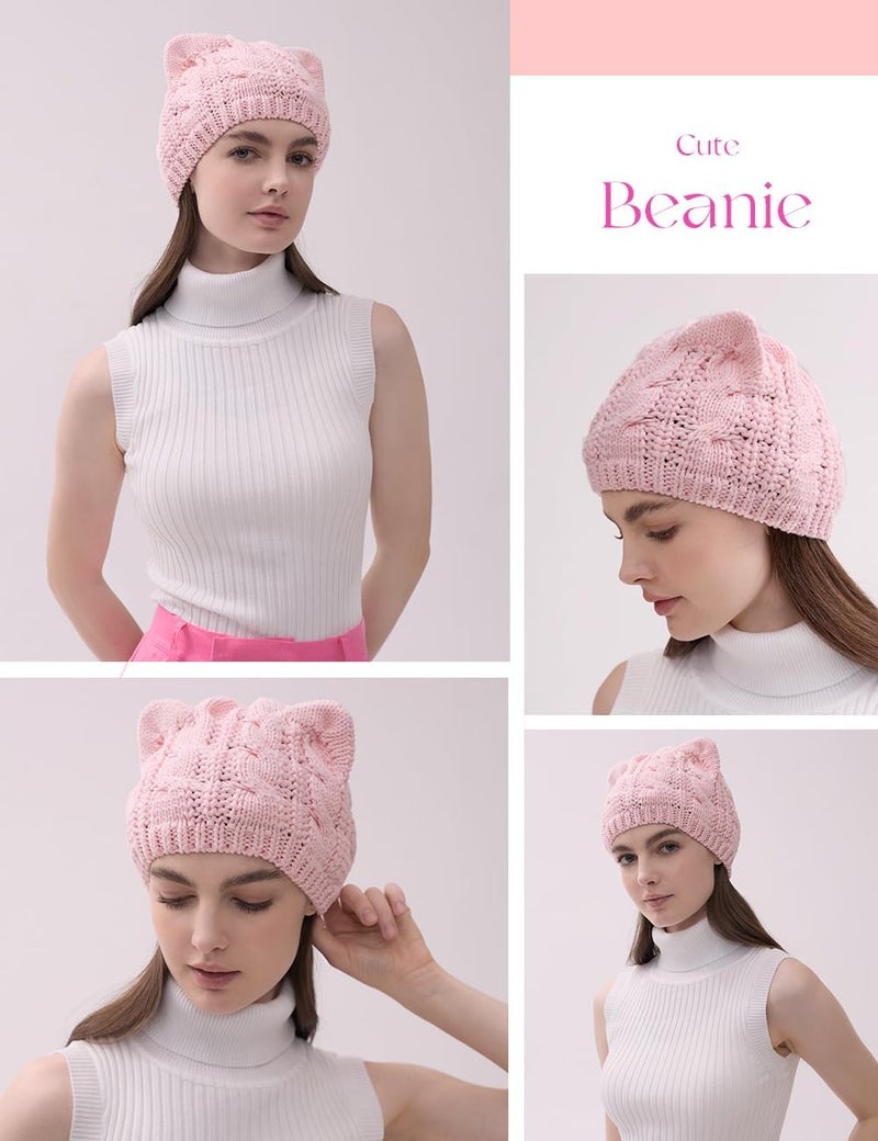 v28 Women Men Girls Boys Teens Cute Cat Ear Knit Cable Rib Hat Cap Beanie - Image 3