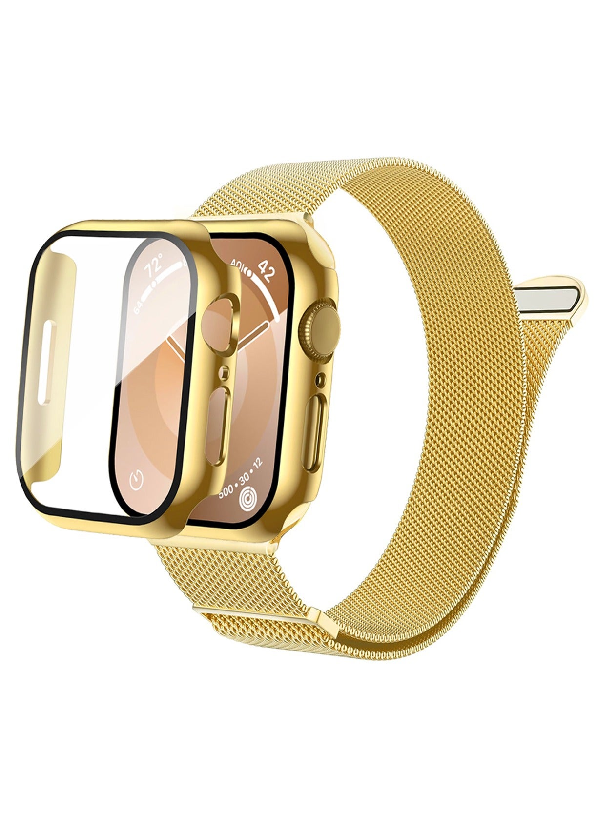 Case and watch band Set for Apple Watch 45mm, Series 7/8/9, Stainless steel mesh metal iWatch strap with Tempered Glass Screen Protector, Golden