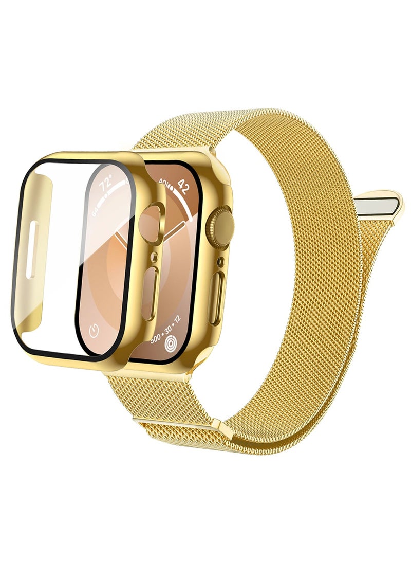 Case and watch band Set for Apple Watch 45mm, Series 7/8/9, Stainless steel mesh metal iWatch strap with Tempered Glass Screen Protector, Golden - Image 1